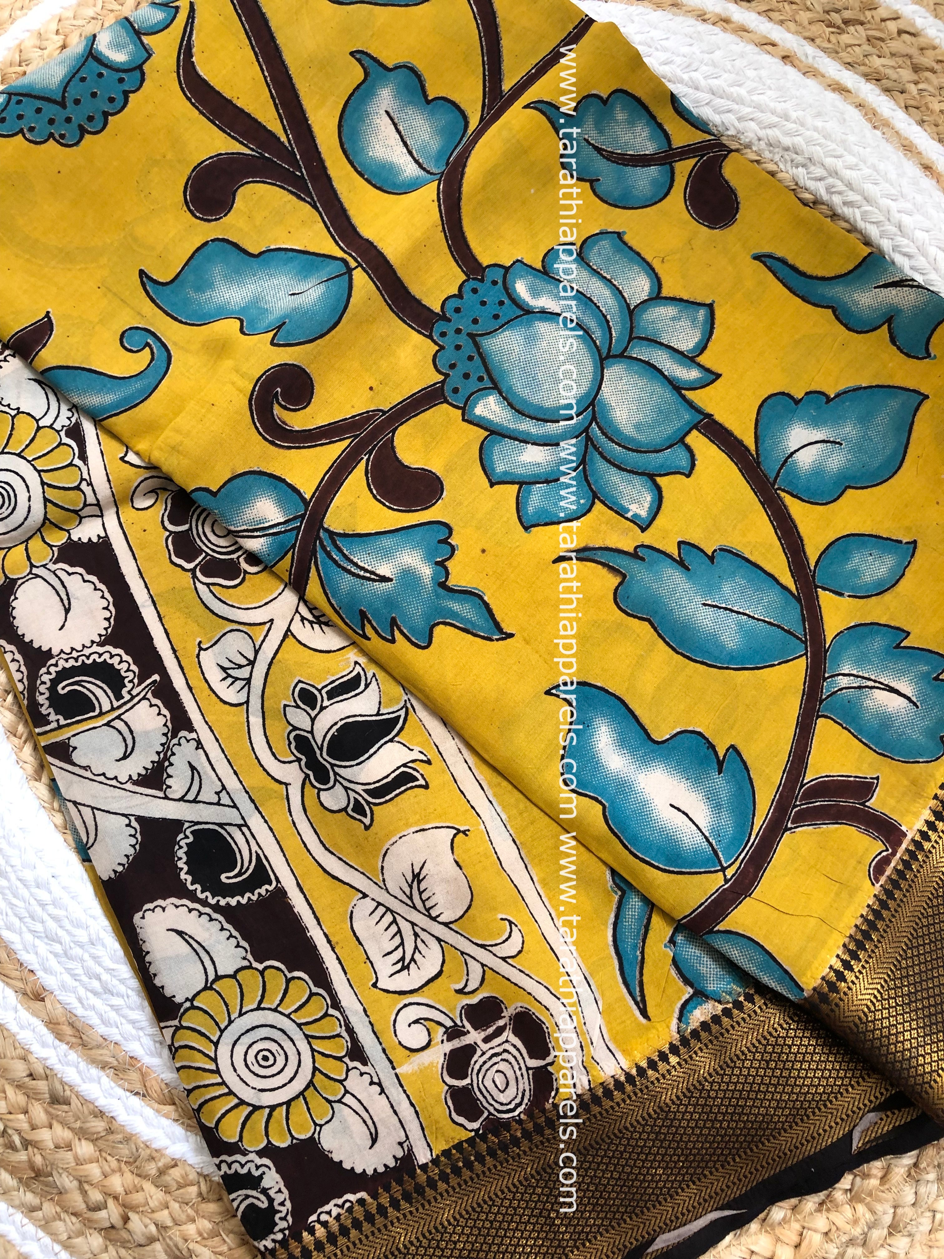 Tarathi Yellow Handblock printed kalamkari saree with Nizam Border KK20