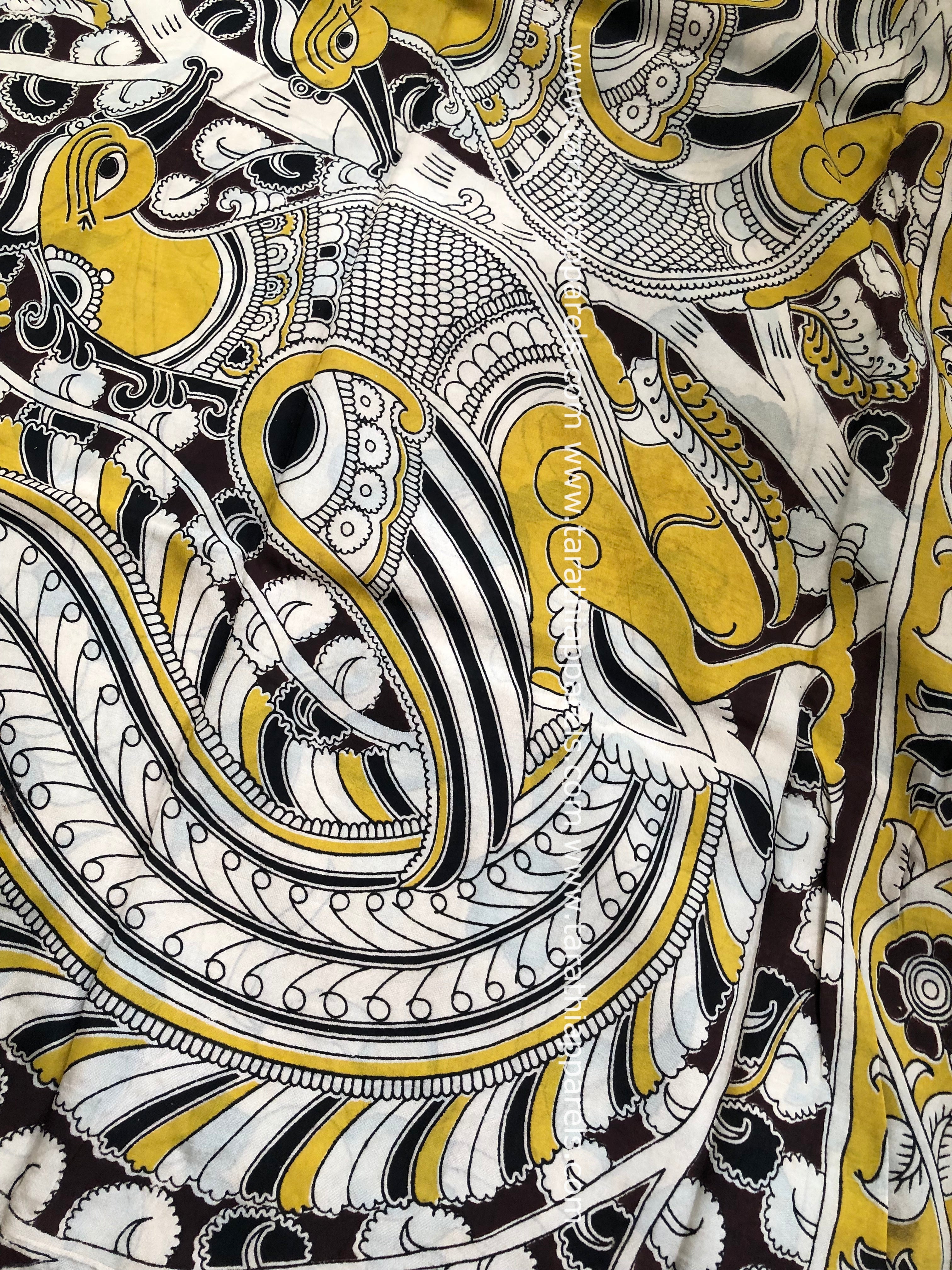 Tarathi Yellow Handblock printed kalamkari saree with Nizam Border KK20