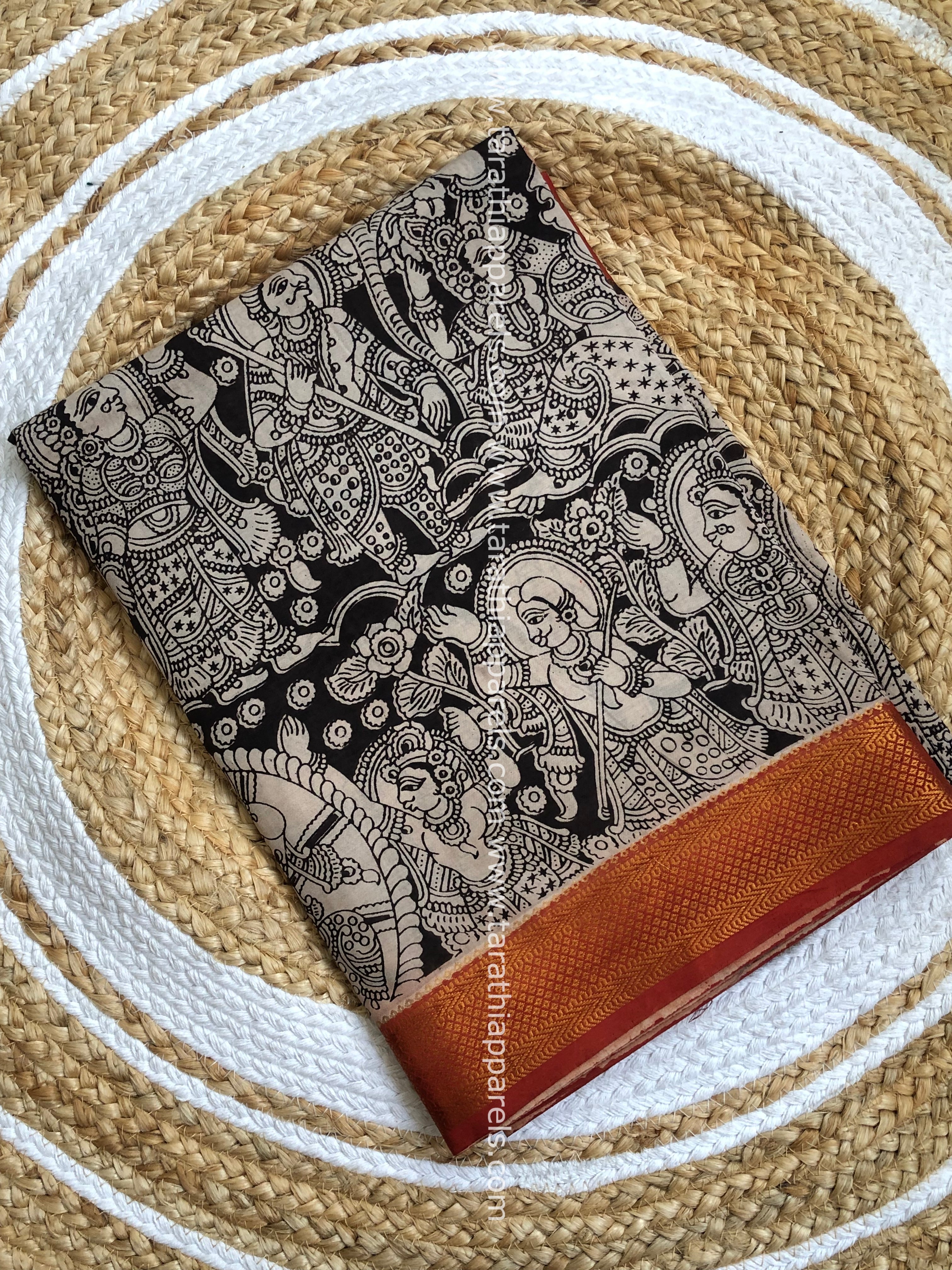 Tarathi Black Handblock printed kalamkari saree with Nizam Border KK21