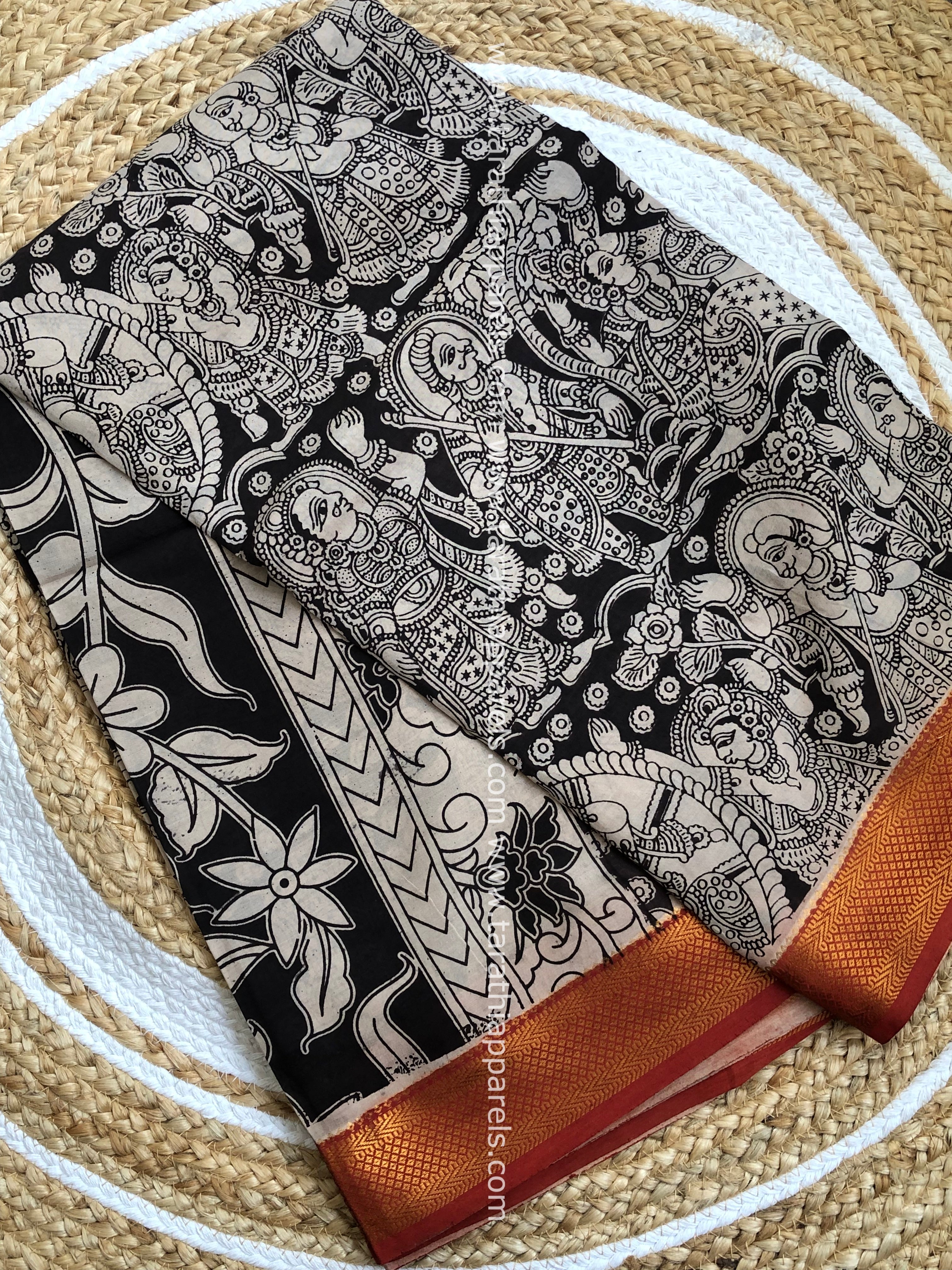 Tarathi Black Handblock printed kalamkari saree with Nizam Border KK21