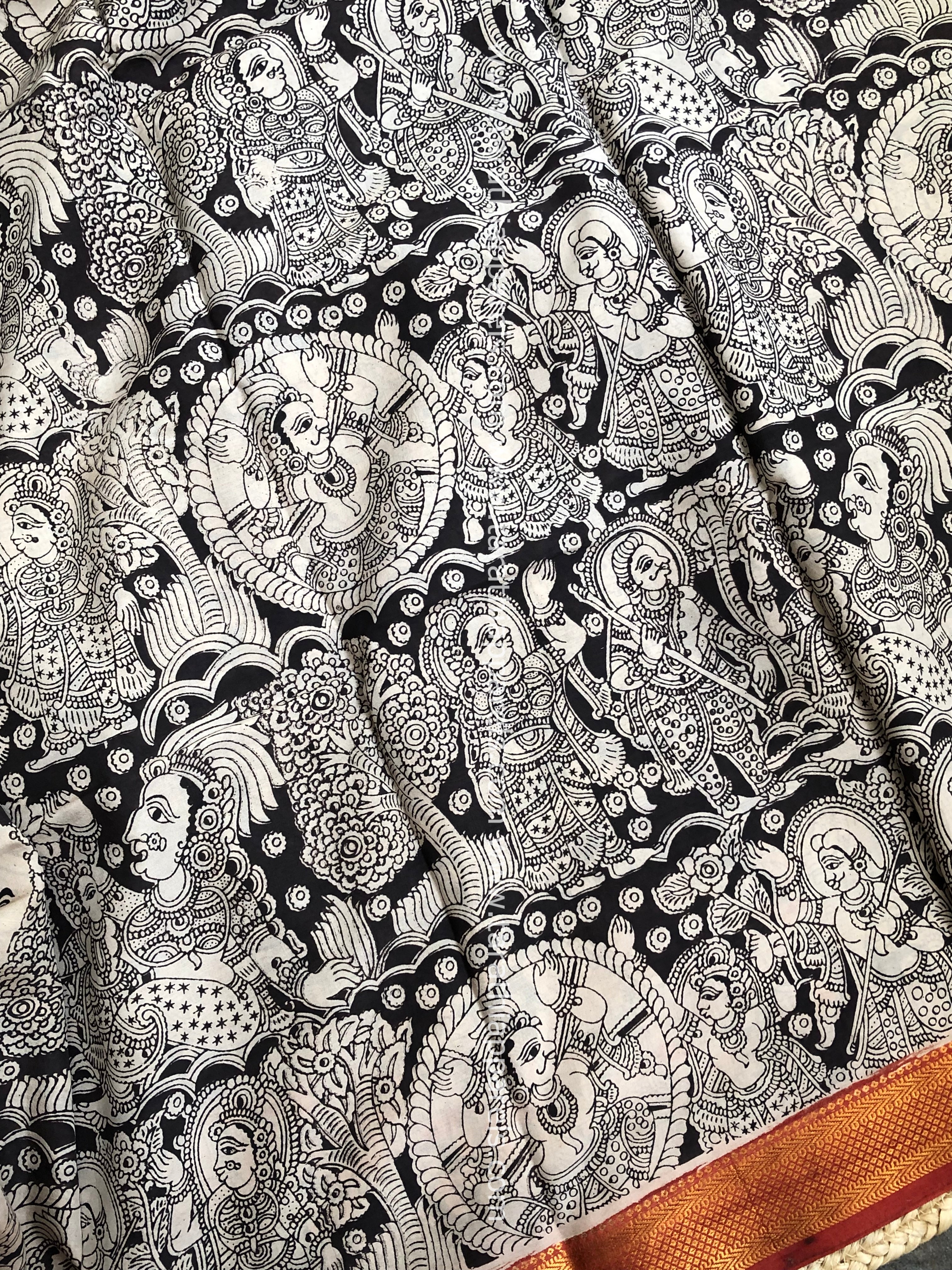Tarathi Black Handblock printed kalamkari saree with Nizam Border KK21