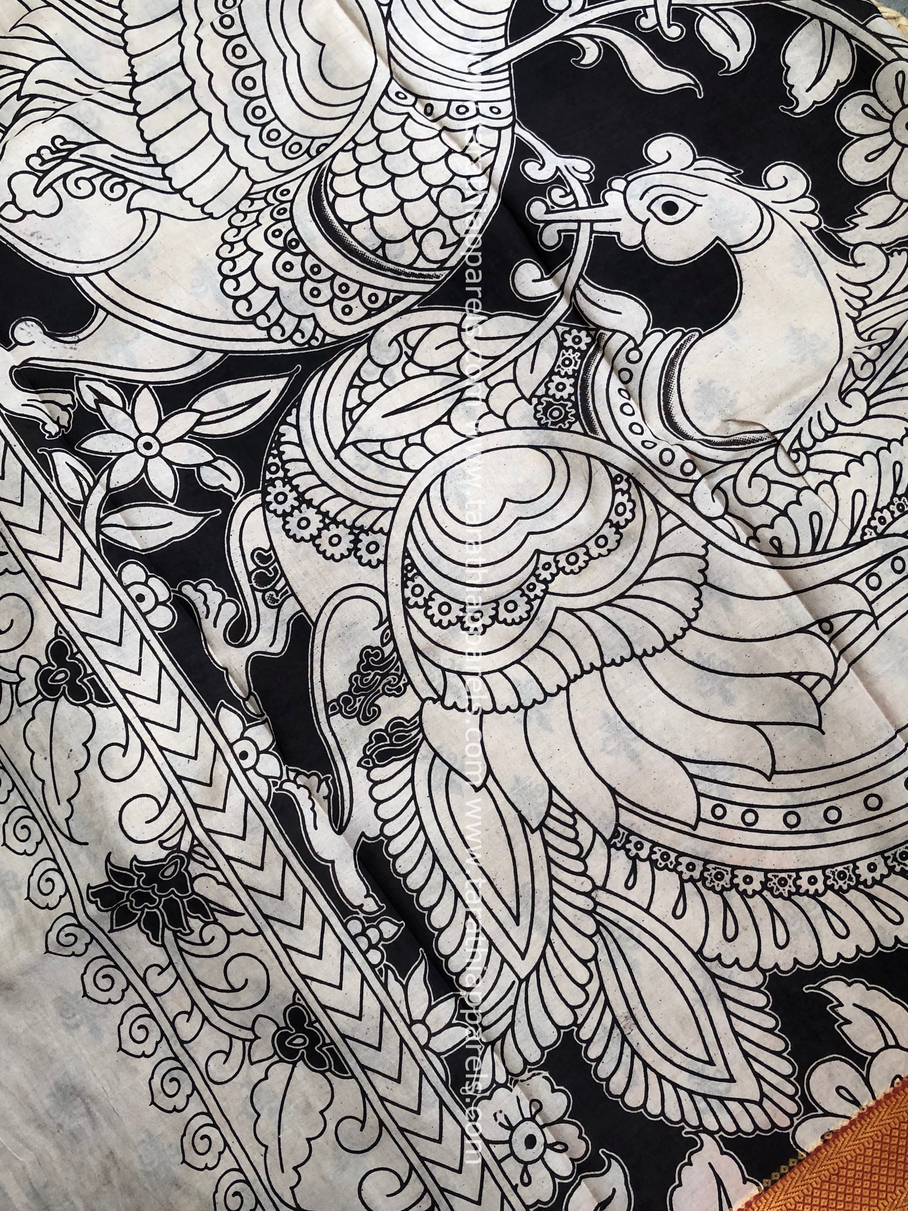 Tarathi Black Handblock printed kalamkari saree with Nizam Border KK21