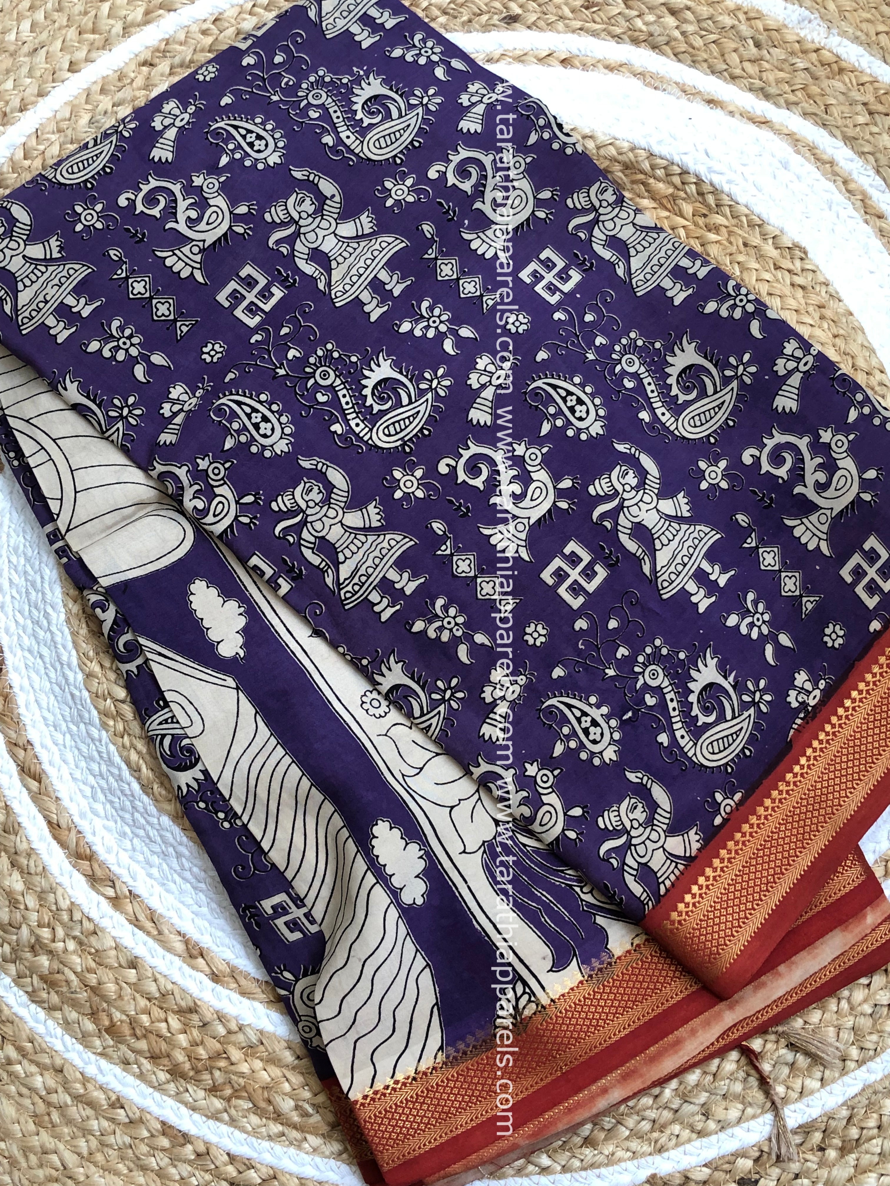 Tarathi Handblock printed kalamkari saree with Nizam Border KK22