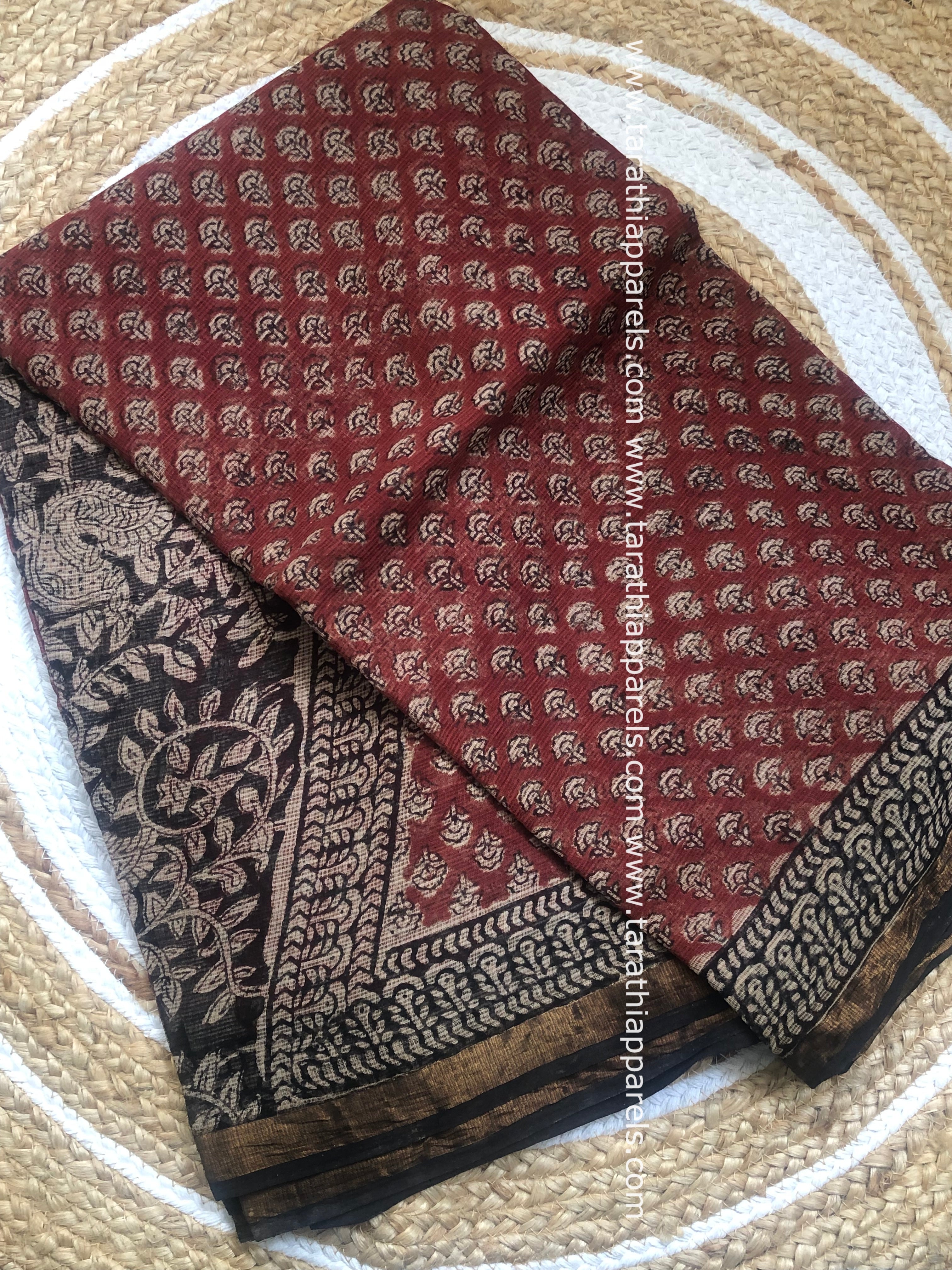 Tarathi Black with Maroon Kota cotton saree