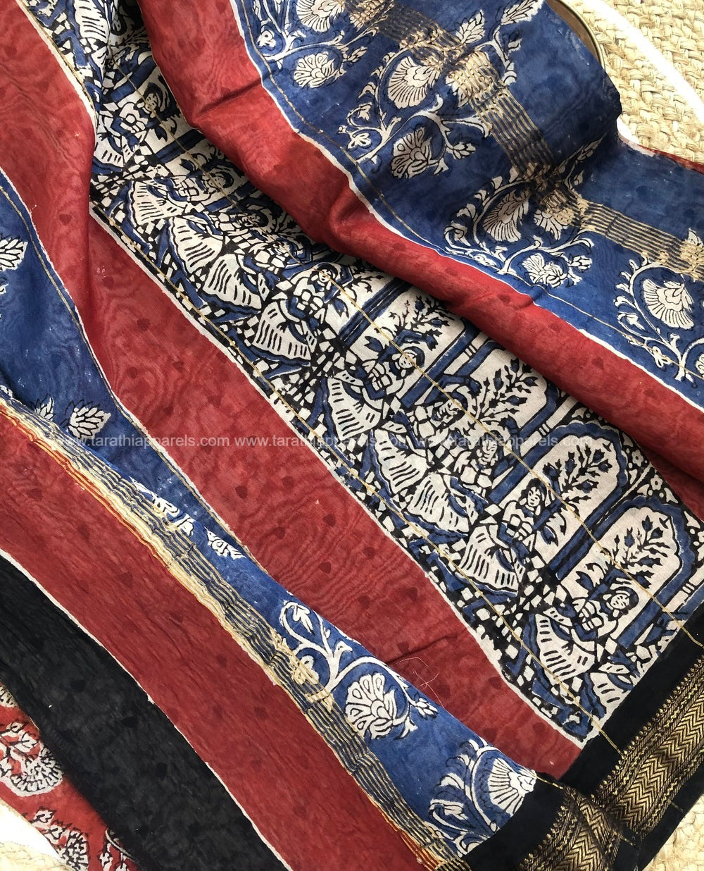 Tarathi Red and black Maheshwari silk cotton saree